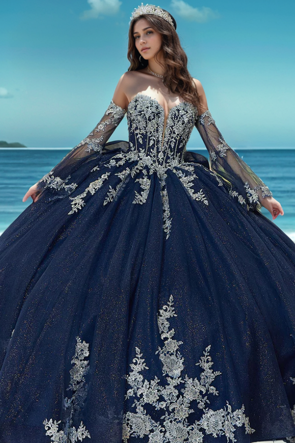 WQ1262 - Elegant & Glitter Ball Gown Strapless Detachable Long Bell Sleeves Beaded Appliques Lace Up Bow Knot Navy Blue Tulle Quinceanera Dress Formal Evening Gown Party Dress