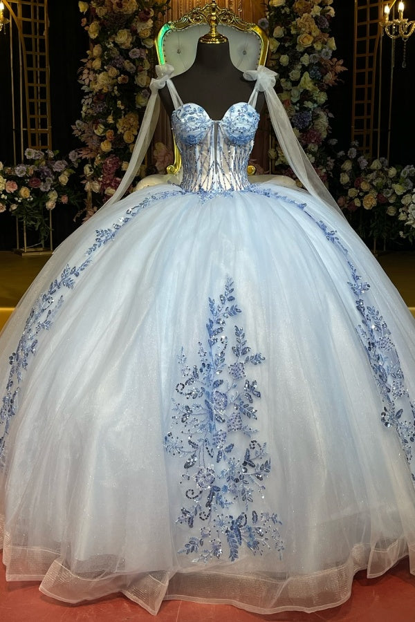 Langes Quinceanera-Kleid mit Herzausschnitt für Damen, trägerloses Korsett mit Blumenapplikationen, Perlenbesetztes Tüll-Ballkleid 