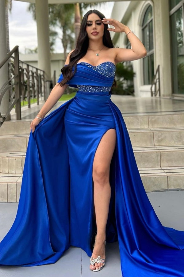 WU1130 - Wunderschönes schulterfreies ärmelloses Ball- und Partykleid mit Pailletten, hohem Seitenschlitz und Schleppe, Abendkleid, Cocktailkleid