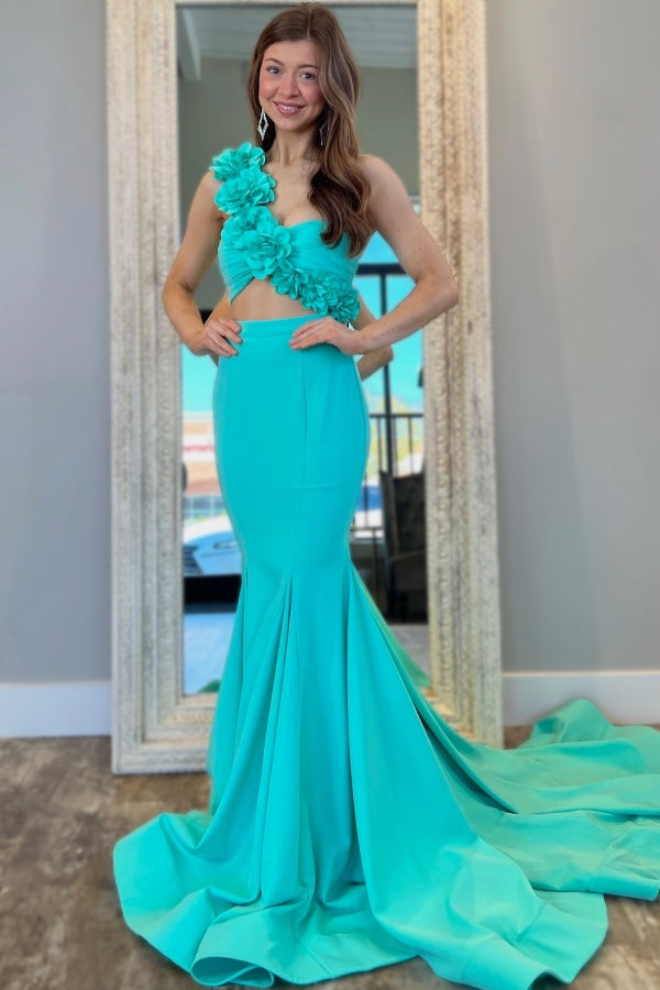 Two Piece Mermaid One Shoulder 3D Flowers Prom Dress WU1431
