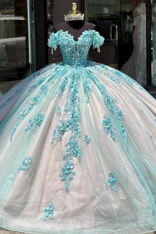 Off Shoulder Sleeveless Sequins Appliques Blue Quinceanera Dress WQ1362