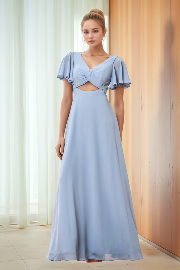 V Neck Short Sleeves Pleated Ruffles Prom Dress Bridesmaid Dress WU1289