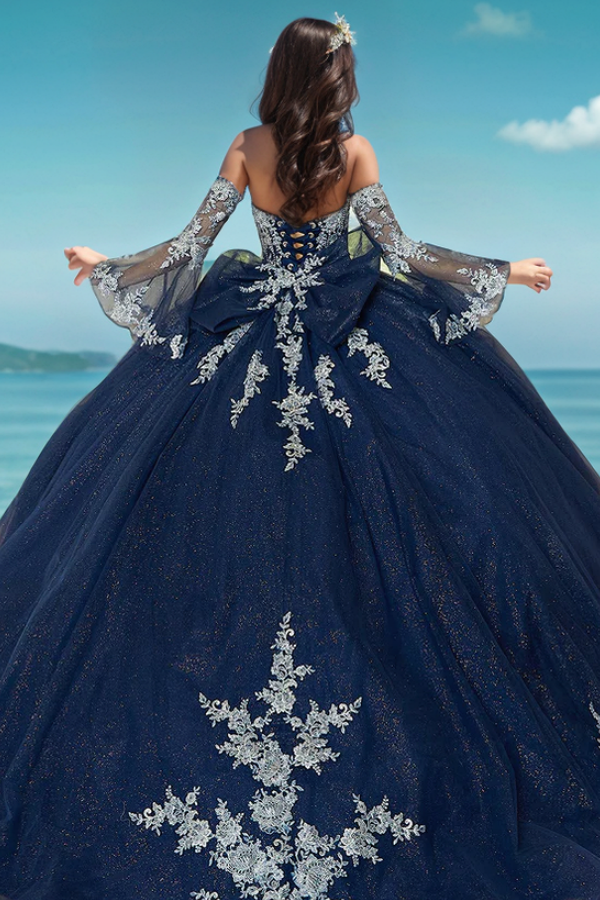 WQ1262 - Elegant & Glitter Ball Gown Strapless Detachable Long Bell Sleeves Beaded Appliques Lace Up Bow Knot Navy Blue Tulle Quinceanera Dress Formal Evening Gown Party Dress