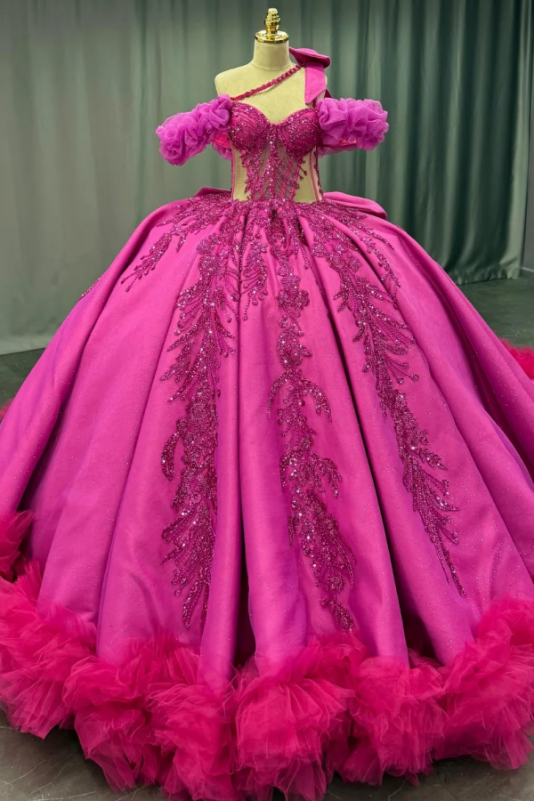 Langes Quinceanera-Kleid mit Herzausschnitt für Damen, trägerloses Korsett mit Blumenapplikationen, Perlenbesetztes Tüll-Ballkleid 