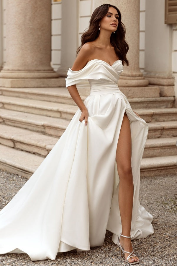 A-Line One Shoulder Ruched Open Back High Side Slit Satin Wedding Dress WW1069