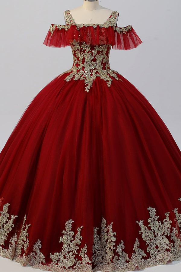 Langes Quinceanera-Kleid mit Herzausschnitt für Damen, trägerloses Korsett mit Blumenapplikationen, Perlenbesetztes Tüll-Ballkleid 