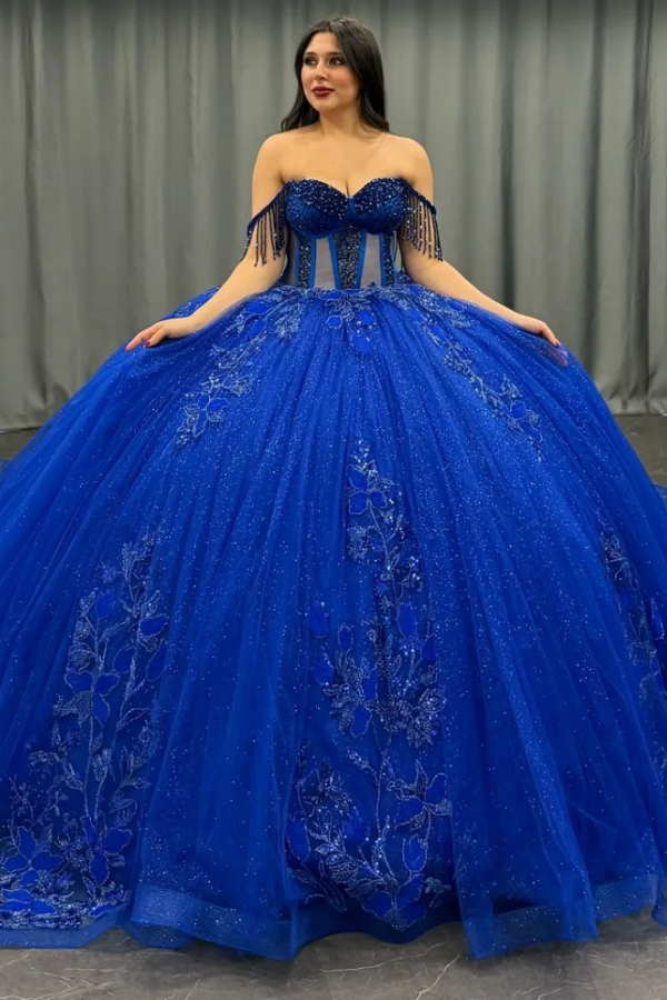 Langes Quinceanera-Kleid mit Herzausschnitt für Damen, trägerloses Korsett mit Blumenapplikationen, Perlenbesetztes Tüll-Ballkleid 