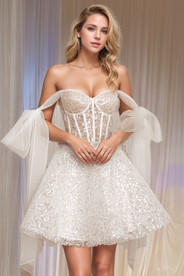 A-Line Off Shoulder Sequins Appliques Short Wedding Dress WW1044