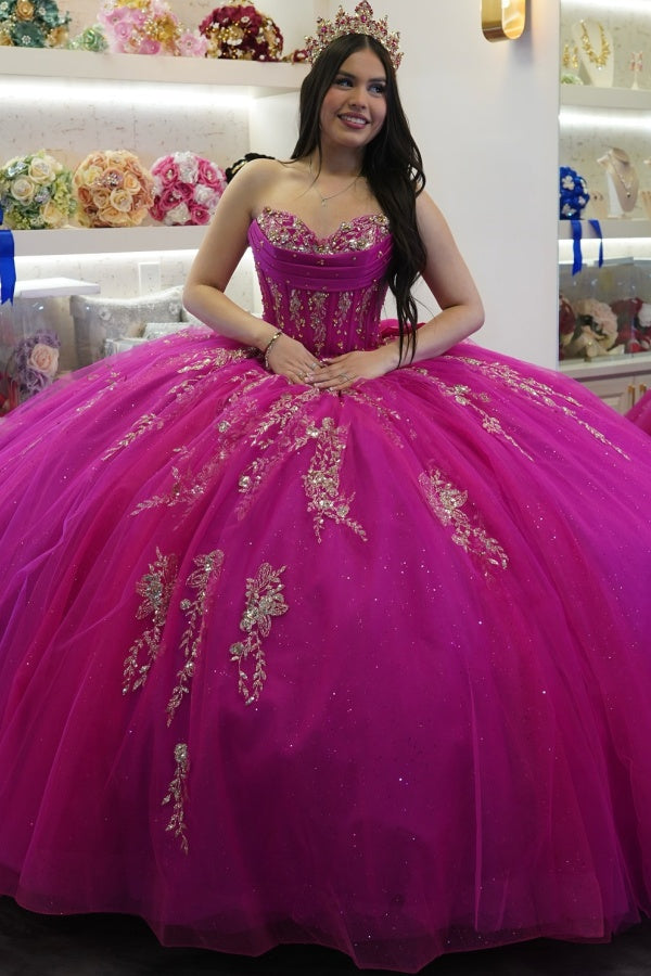 Langes Quinceanera-Kleid mit Herzausschnitt für Damen, trägerloses Korsett mit Blumenapplikationen, Perlenbesetztes Tüll-Ballkleid 