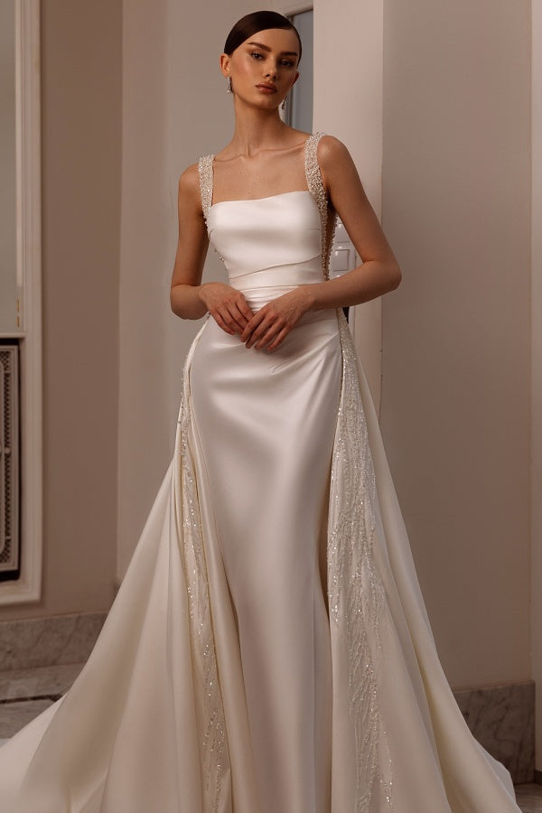 Mermaid Square Neck Straps Beaded Sequins Detachable Train Wedding Dress WW1059