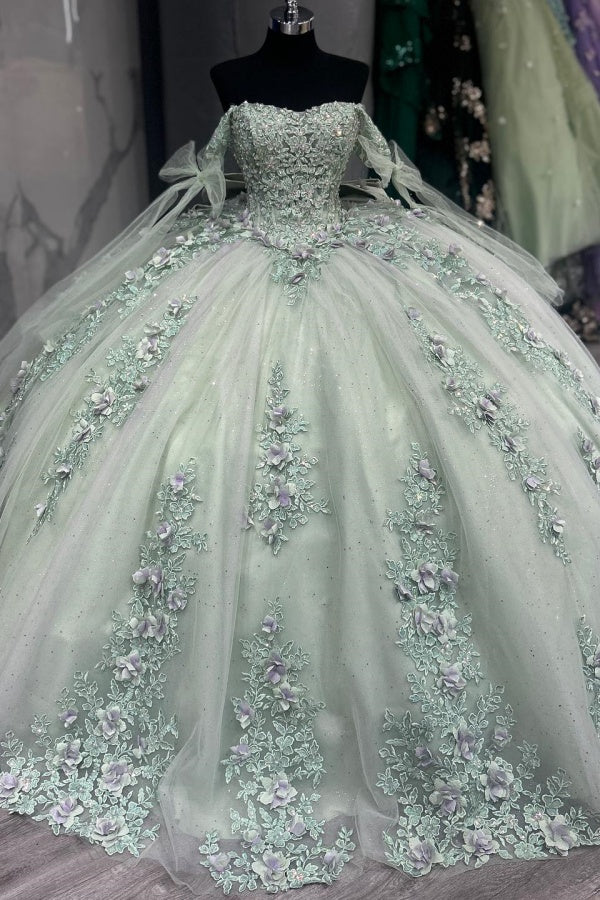 Langes Quinceanera-Kleid mit Herzausschnitt für Damen, trägerloses Korsett mit Blumenapplikationen, Perlenbesetztes Tüll-Ballkleid 