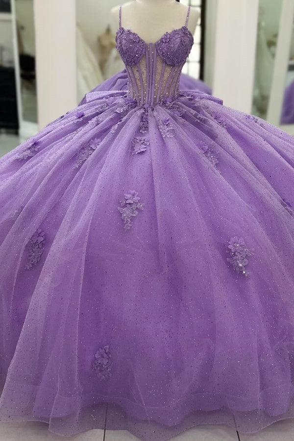 WQ1374 - Vestido de quinceañera de tul lila brillante, sin mangas, con escote corazón, tirantes finos y apliques de flores 3D con cuentas, plisado, lazo, fiesta de cumpleaños de princesa para dulces 16