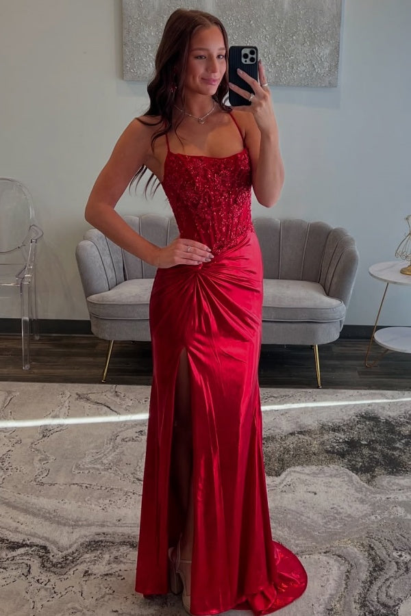 Boat Neck Sleeveless Spaghetti Straps Appliques High Side Slt and Train Prom Dress WU1317