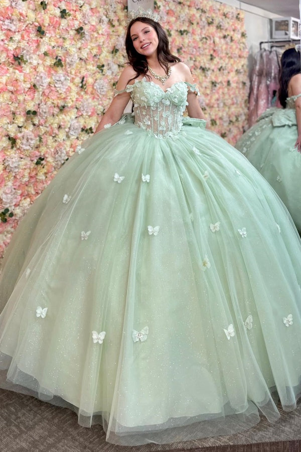 Langes Quinceanera-Kleid mit Herzausschnitt für Damen, trägerloses Korsett mit Blumenapplikationen, Perlenbesetztes Tüll-Ballkleid 