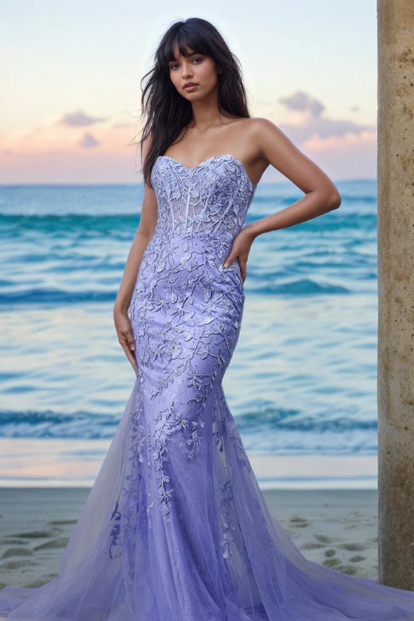 WU1102 - Gorgeous & Glamorous Mermaid Strapless Sleeveless Fully Appliques Prom Party Dress Criss Cross Straps Floor Length Evening Formal Gown Cocktail Dress