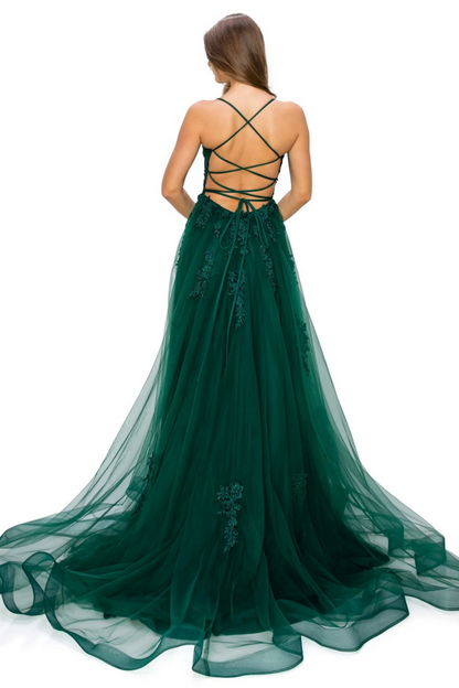 WU1092 - Gorgeous A-Line Square Spaghetti Straps Sleeveless Appliques Formal Prom Dress Criss Cross Straps High Side Slit Evening Party Gown Wedding Guest Dress