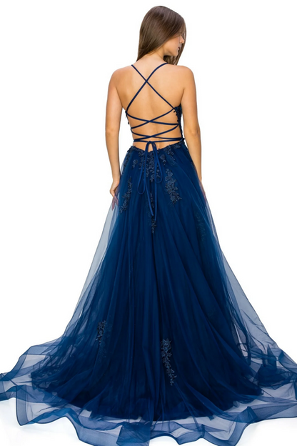 WU1092 - Gorgeous A-Line Square Spaghetti Straps Sleeveless Appliques Formal Prom Dress Criss Cross Straps High Side Slit Evening Party Gown Wedding Guest Dress