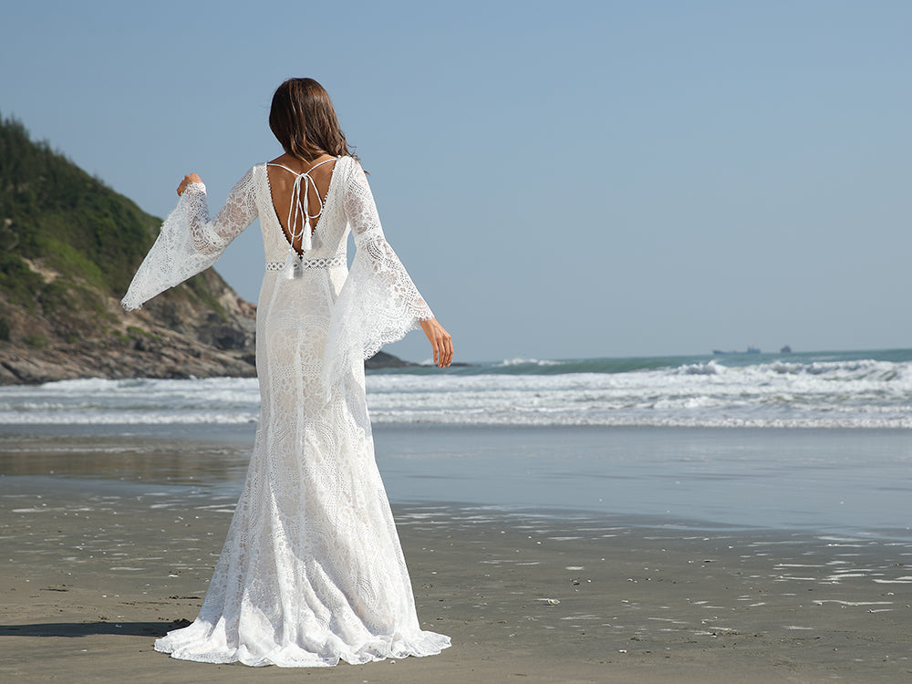 Boho Lace Wedding Dresses for Women Bride Long Bell Sleeves Wedding Gowns V Neck Mermaid Bohemian Beach Bridal Gowns