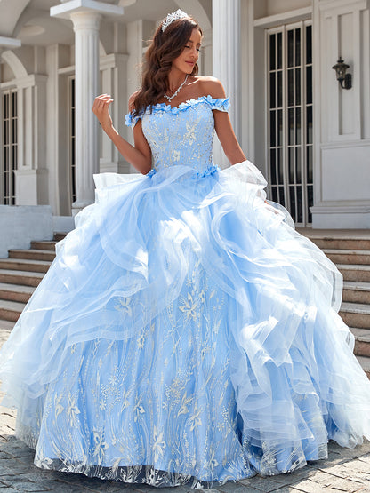 WQ1001 - Gorgeous Ball Gown Off Shoulder Ruffles Tiered Appliques Beaded Tulle Quinceanera Dress for Sweet 16