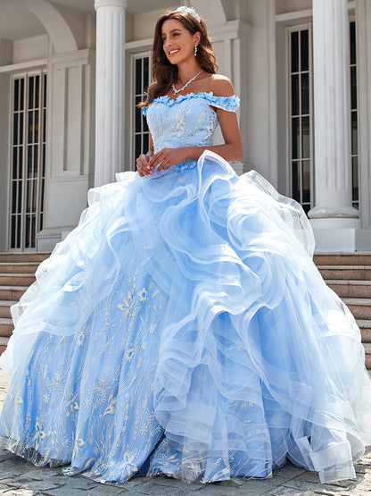 WQ1001 - Gorgeous Ball Gown Off Shoulder Ruffles Tiered Appliques Beaded Tulle Quinceanera Dress for Sweet 16