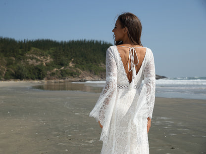 Boho Lace Wedding Dresses for Women Bride Long Bell Sleeves Wedding Gowns V Neck Mermaid Bohemian Beach Bridal Gowns