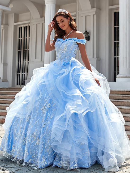 WQ1001 - Gorgeous Ball Gown Off Shoulder Ruffles Tiered Appliques Beaded Tulle Quinceanera Dress for Sweet 16