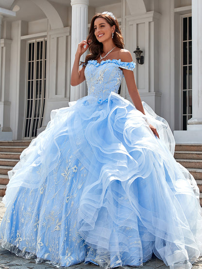 WQ1001 - Gorgeous Ball Gown Off Shoulder Ruffles Tiered Appliques Beaded Tulle Quinceanera Dress for Sweet 16