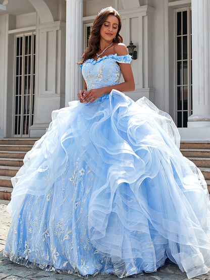 WQ1001 - Gorgeous Ball Gown Off Shoulder Ruffles Tiered Appliques Beaded Tulle Quinceanera Dress for Sweet 16