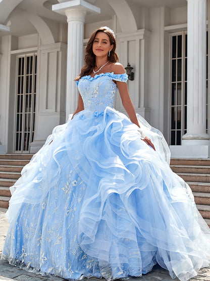 WQ1001 - Gorgeous Ball Gown Off Shoulder Ruffles Tiered Appliques Beaded Tulle Quinceanera Dress for Sweet 16