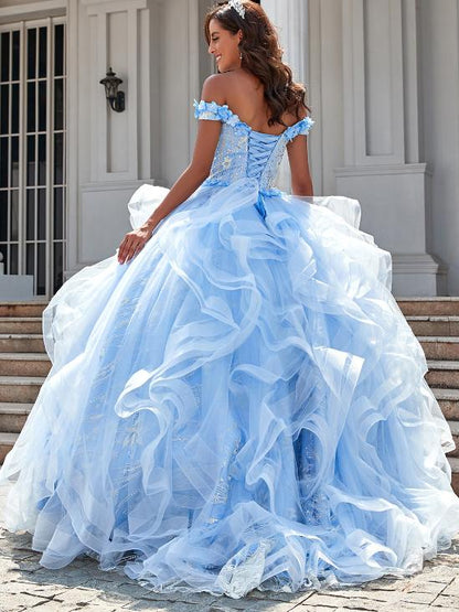 WQ1001 - Gorgeous Ball Gown Off Shoulder Ruffles Tiered Appliques Beaded Tulle Quinceanera Dress for Sweet 16