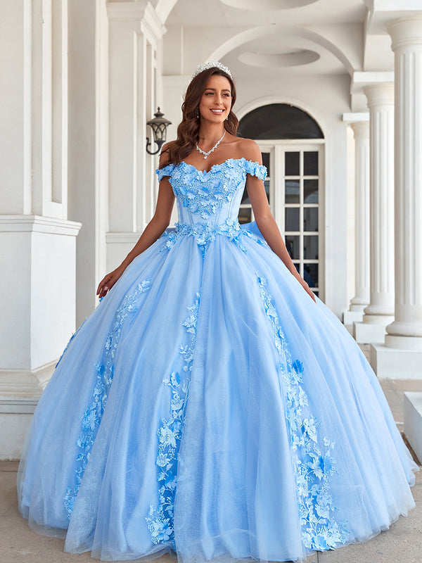 Ballkleid Tüll Quinceanera Kleider Off Shoulder Long Bow 2024 Für Sweet 15