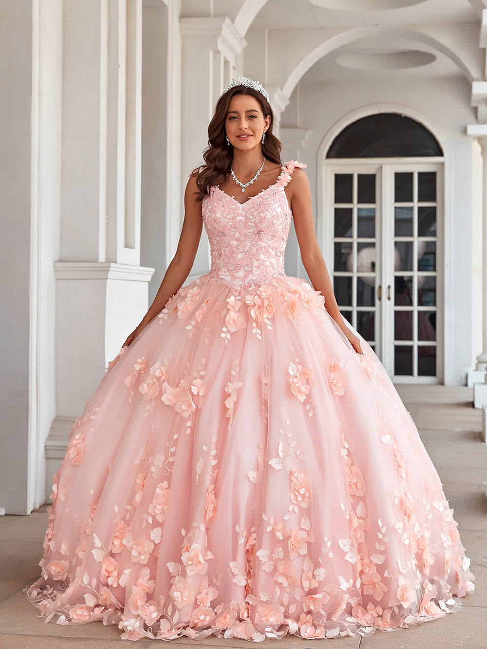 Prinzessin Quinceanera Kleider lang für Frauen Ballkleid V-Ausschnitt mit Blumenapplikationen Perlen geschwollen Hochzeitsfeierkleider