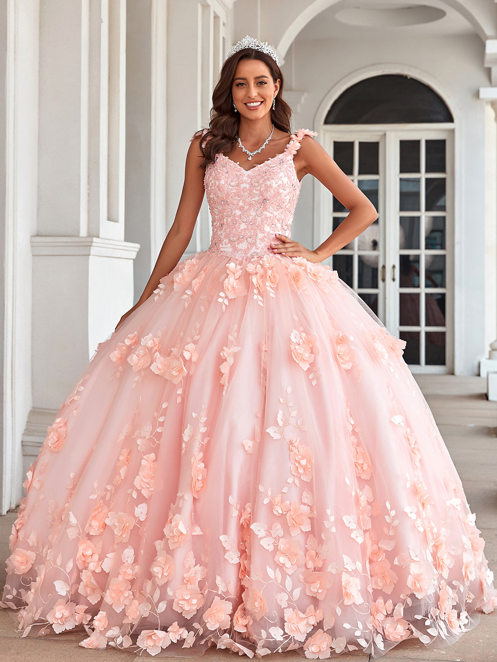 Prinzessin Quinceanera Kleider lang für Frauen Ballkleid V-Ausschnitt mit Blumenapplikationen Perlen geschwollen Hochzeitsfeierkleider