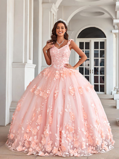 Prinzessin Quinceanera Kleider lang für Frauen Ballkleid V-Ausschnitt mit Blumenapplikationen Perlen geschwollen Hochzeitsfeierkleider