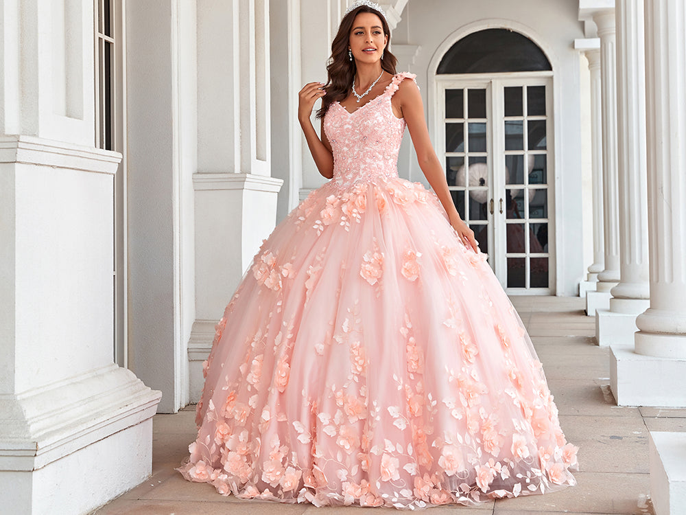 Prinzessin Quinceanera Kleider lang für Frauen Ballkleid V-Ausschnitt mit Blumenapplikationen Perlen geschwollen Hochzeitsfeierkleider