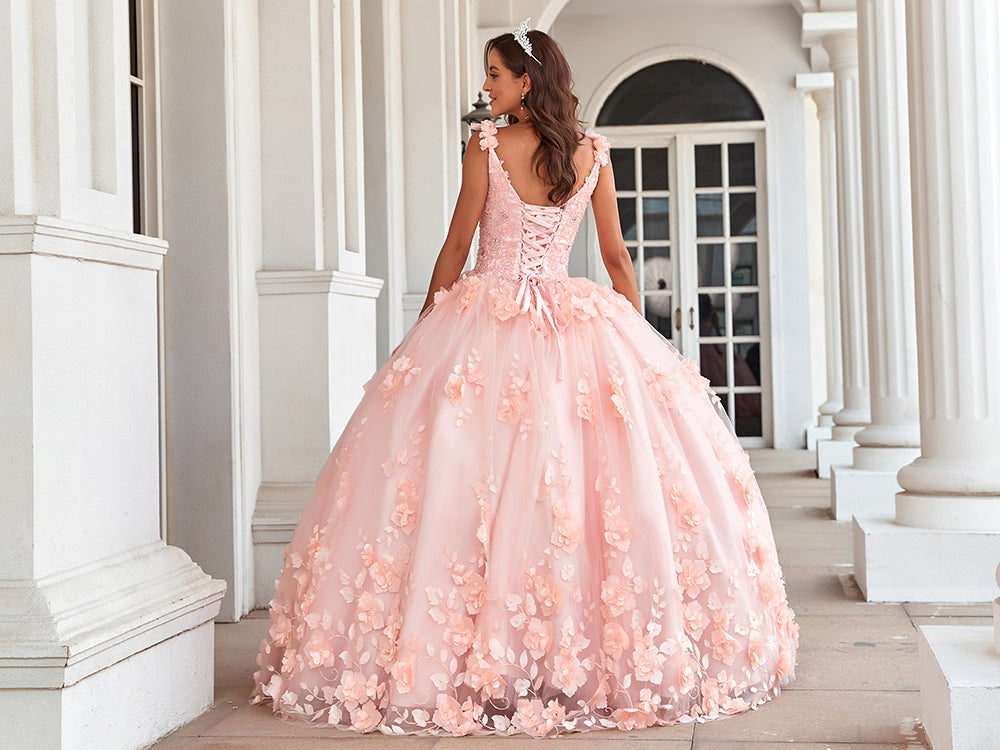 Prinzessin Quinceanera Kleider lang für Frauen Ballkleid V-Ausschnitt mit Blumenapplikationen Perlen geschwollen Hochzeitsfeierkleider