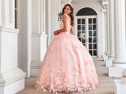 Prinzessin Quinceanera Kleider lang für Frauen Ballkleid V-Ausschnitt mit Blumenapplikationen Perlen geschwollen Hochzeitsfeierkleider