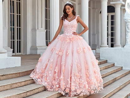 Prinzessin Quinceanera Kleider lang für Frauen Ballkleid V-Ausschnitt mit Blumenapplikationen Perlen geschwollen Hochzeitsfeierkleider