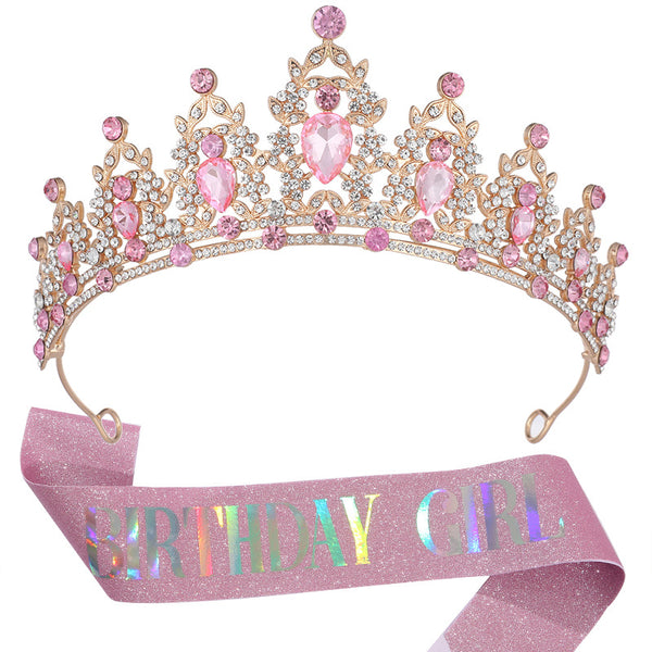 Birthday Girl Set Quinceañera Sweet 15 Alloy Crystal Crown Shoulder Strap Set WA1016