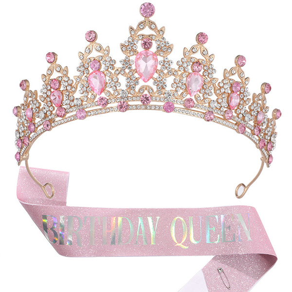 Birthday Queen Set Sweet 15 Quinceañera Alloy Crystal Crown Shoulder Strap Set WA1015