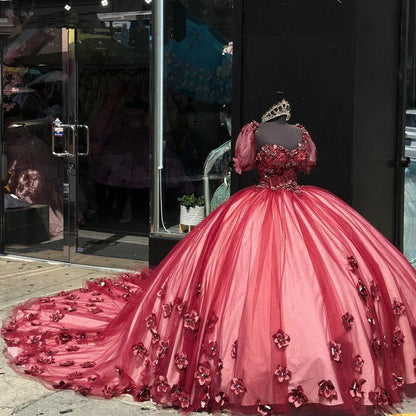 WQ1014 - Burgundy Red Quinceanera Dresses 3D Flower Sweetheart Appliques Tulle Princess Ball Gown Sweet 15 16 Dresses