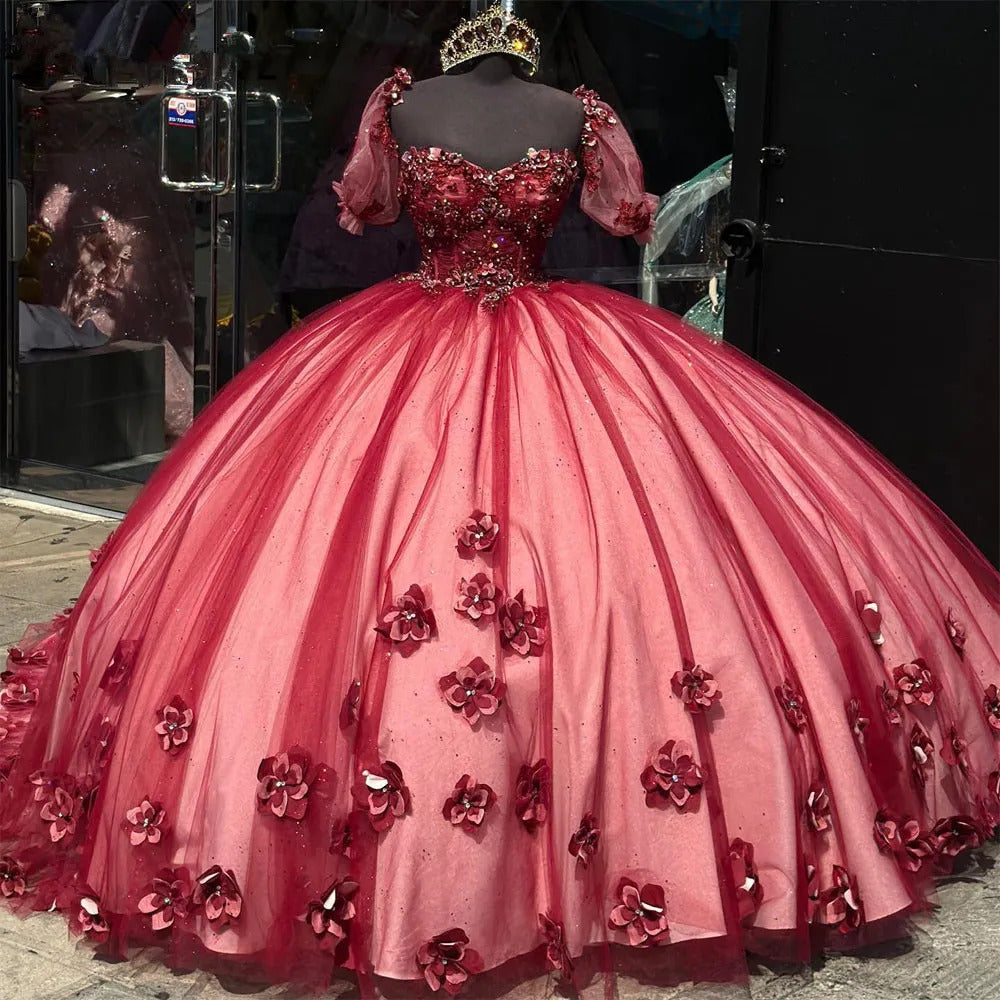 WQ1014 - Burgundy Red Quinceanera Dresses 3D Flower Sweetheart Appliques Tulle Princess Ball Gown Sweet 15 16 Dresses