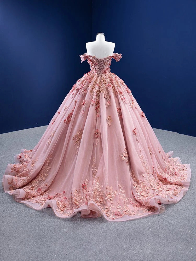 Robe de Quinceanera rose à épaules dénudées avec appliques en dentelle et fleurs 3D, robe de princesse longue en tulle avec traîne, pour les 16 ans