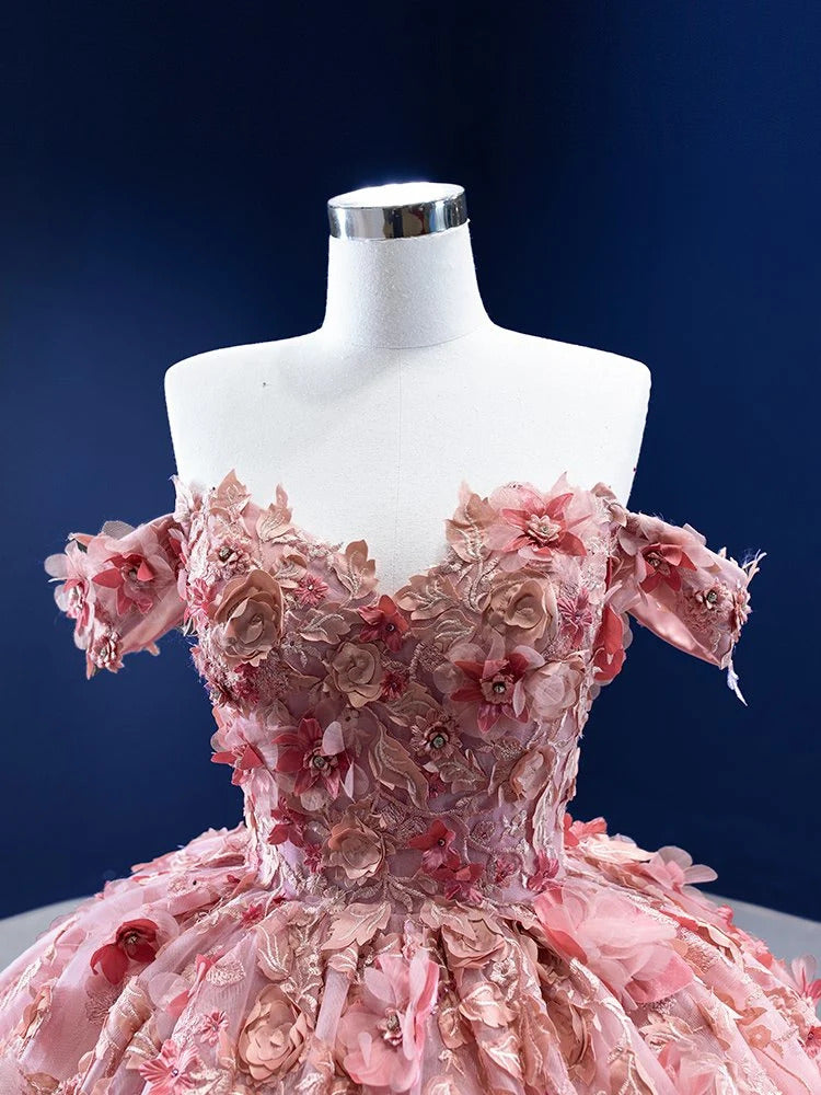 Robe de Quinceanera rose à épaules dénudées avec appliques en dentelle et fleurs 3D, robe de princesse longue en tulle avec traîne, pour les 16 ans