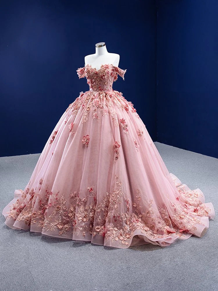 Robe de Quinceanera rose à épaules dénudées avec appliques en dentelle et fleurs 3D, robe de princesse longue en tulle avec traîne, pour les 16 ans