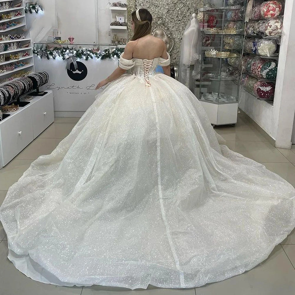 Glitter Off The Shoulder Quinceanera Dress Ball Gown Applique Lace Sweetheart Corset Tiered Ruffle Pleats Tulle Formal Prom Party Gowns Sweet 16 Dress