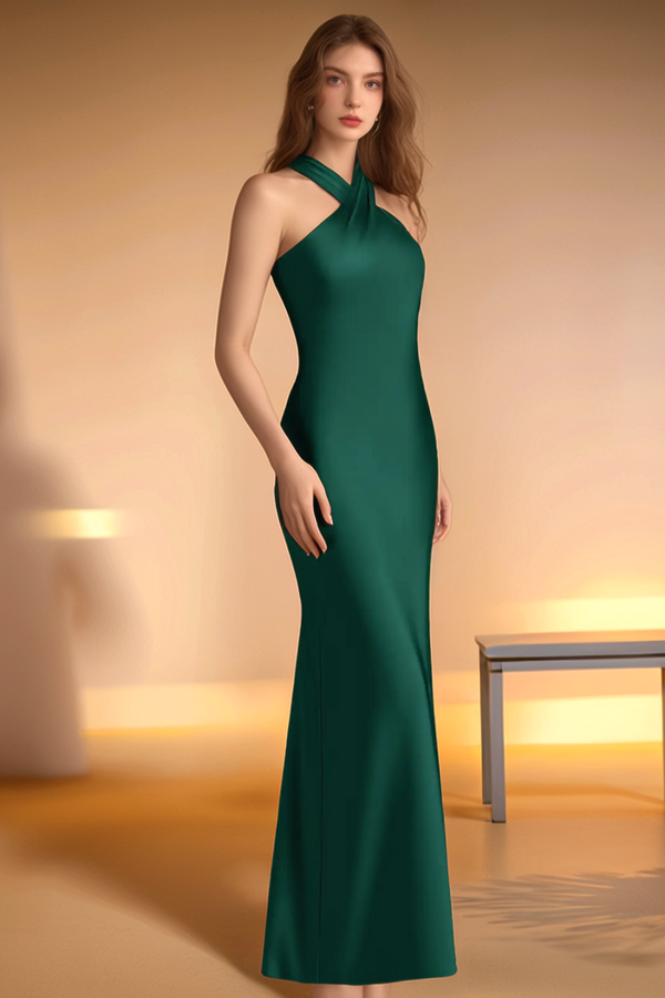 Sheath Halter Sleeveless Bow Knot  Floor Length Bridesmaid Dress WB1008