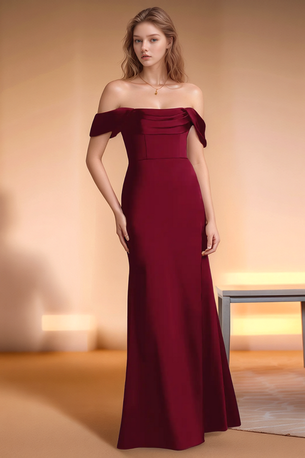 Sheath Off Shoulder Sleeveless Pleated High Side Slit and Train Burgundy Bridesmaid Dress WB1009