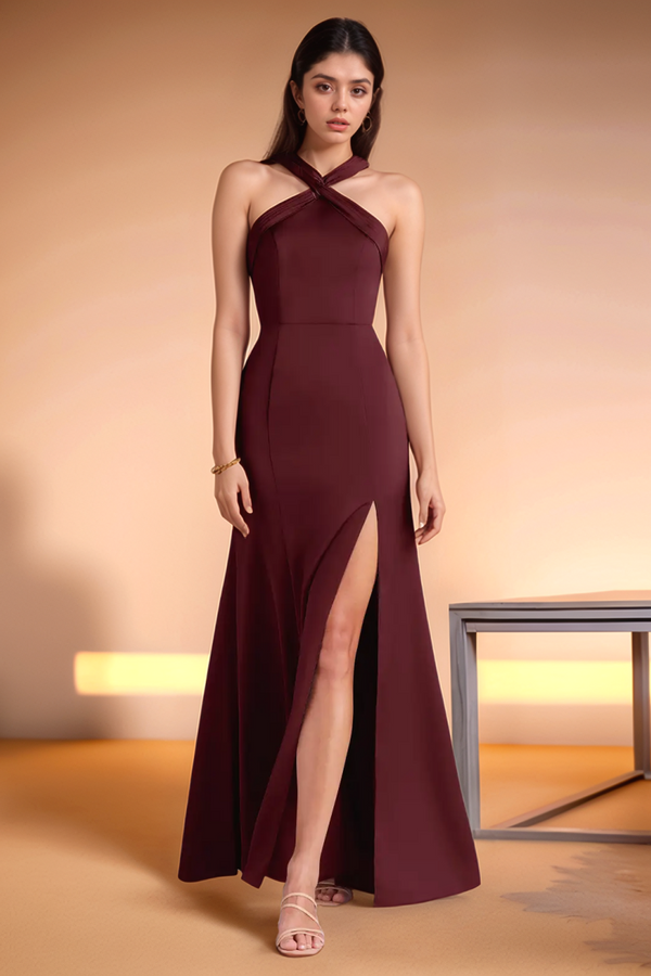 Sheath Halter Sleeveless Pleayed High Side Slit Bridesmaid Dress WB1011