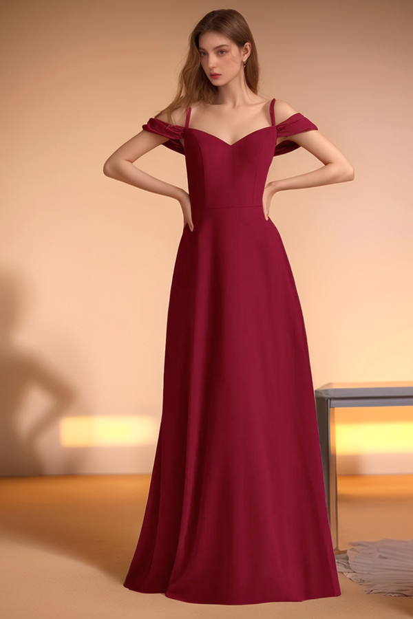 A-Line V Neck Off Shoulder Spaghetti Straps Sleeveless Bridesmaid Dress WB1012